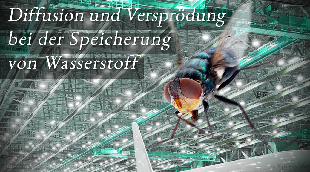 Das Bild zeigt im Vordergrund eine manövrierende Fliege im Flug durch eine Produktionshalle für Flugzeuge.